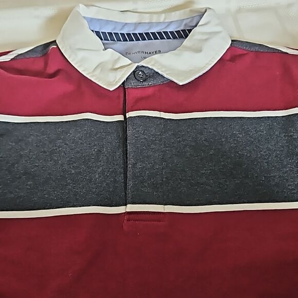 Denver Hayes Men's Polo Long Sleeves Cotton Shirt Large Burgundy/White LG - Picture 13 of 16